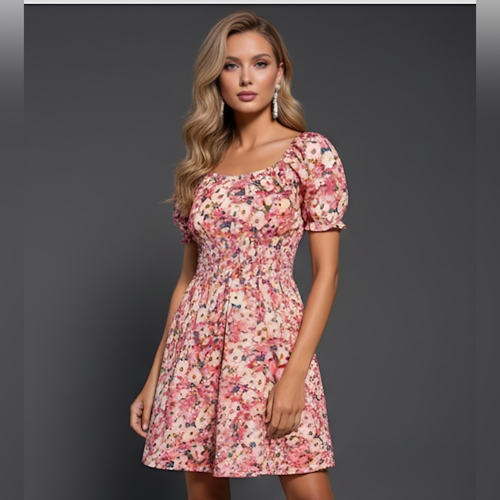 LAST ONE 🔥 Floral Print Shirred  Puff Sleeve Dress